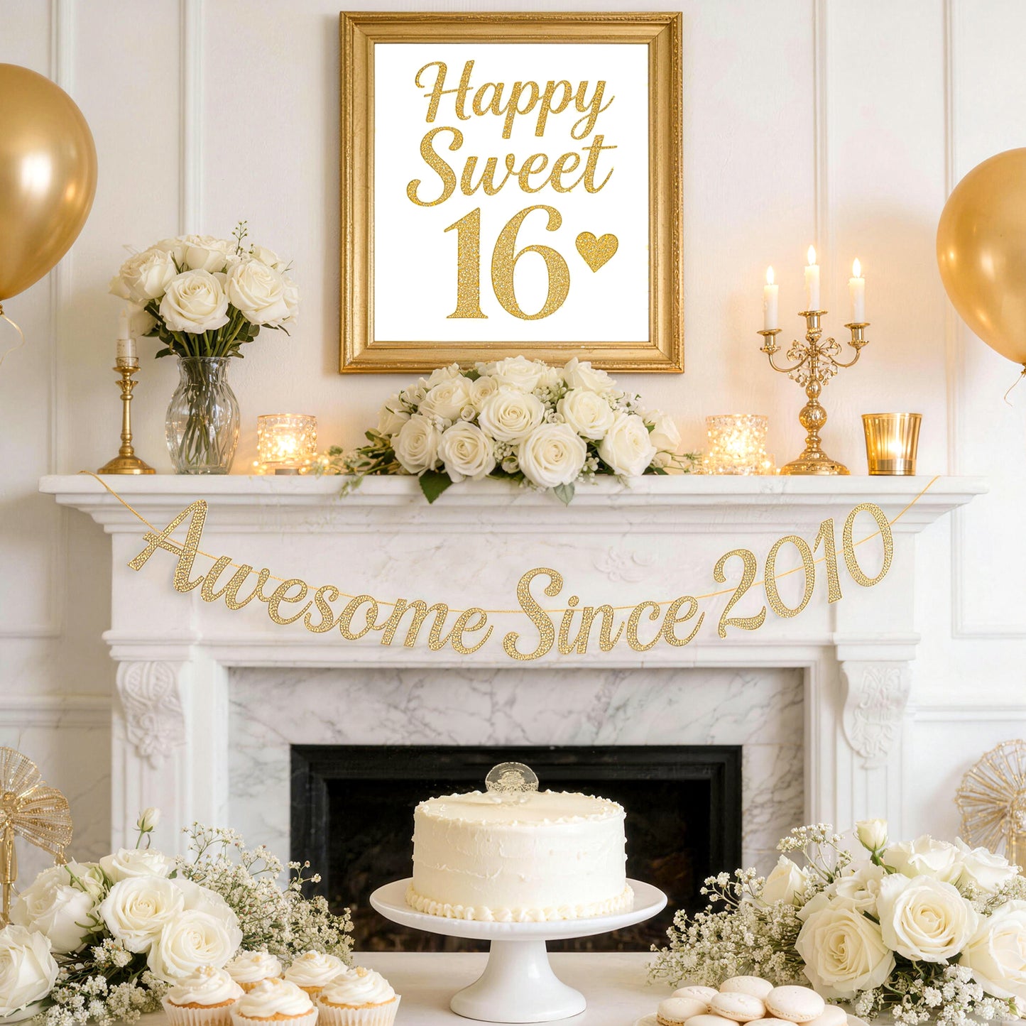 G2PLUS Pre-Strung 16th Birthday Banner, Glitter 16th Birthday Decorations Champagne Gold Happy 16th Birthday Banner, 3m Awesome Since 2010 Banner, 16th Birthday Party Decorations