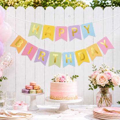 G2PLUS Pre-Strung Happy Birthday Banner Pastel and Gold: 16 x 20 cm Large No-DIY Birthday Banner for Boys Kids Birthday Party Decorations
