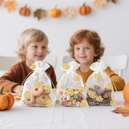 G2PLUS 50Pcs Fall Organza Drawstring Bags 4x6 In - Thanksgiving Organza Bags, White Sheer Mesh Pouches, Gold Maple Leaves Candy Treat Bags for Wedding, Baby Shower, Autumn Holiday Party Favors