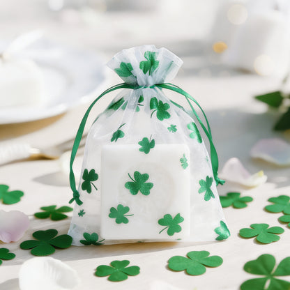 G2PLUS 50PCS St.Patrick's Day Gift Bags Organza 4x6in, Green Foil Shamrock Sheer Mesh Organza Pouches with Drawstring for St.Patrick's Day Party Favors, Candy Gift Bags & Wedding Favors