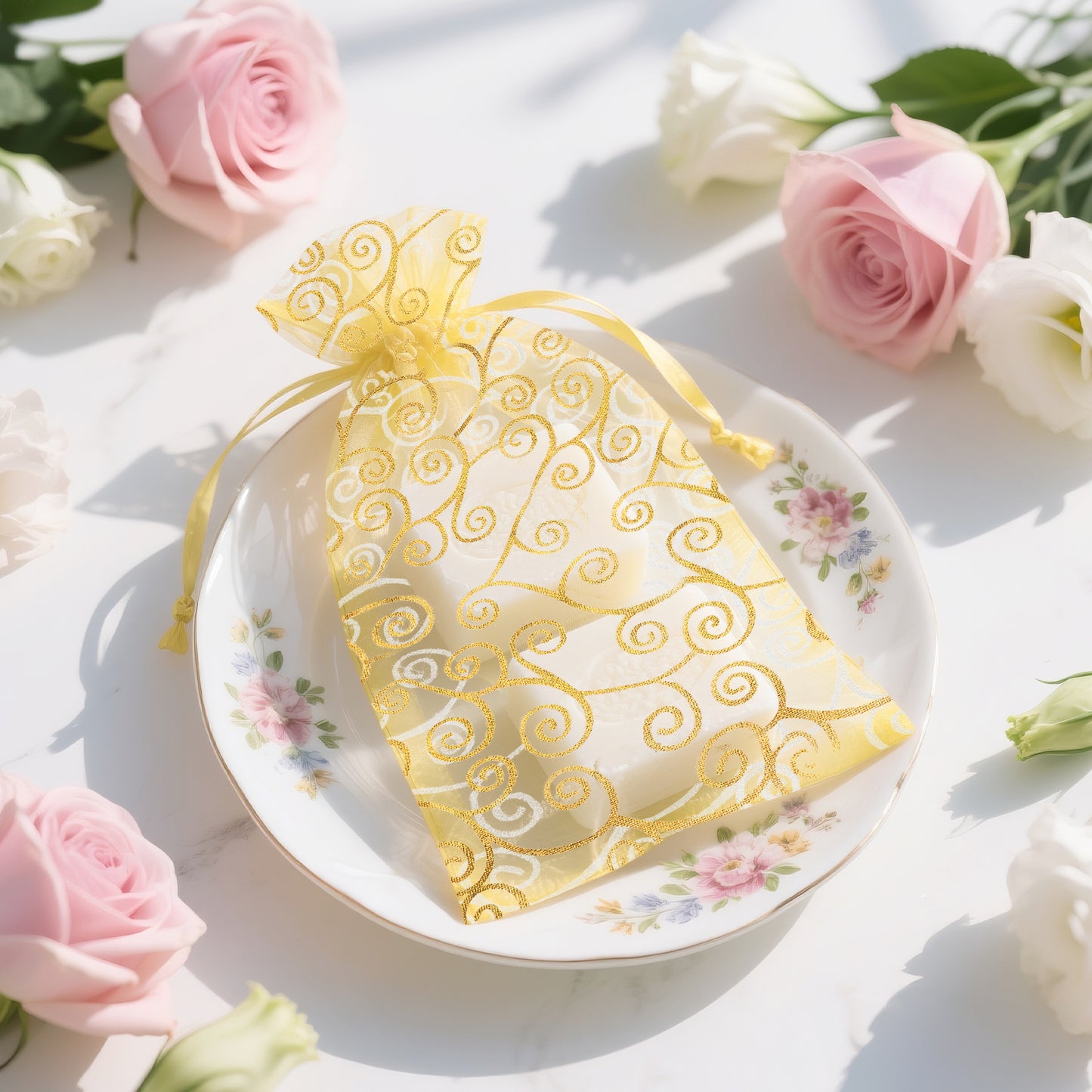 G2PLUS Organza Gift Bags 5x7 Inches - 50Pcs Sheer Mesh Organza Bags with Gold Rattan Printed, Drawstring Tulle Jewelry Pouches for Wedding, Christmas Party Favors