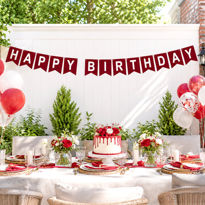 G2PLUS Pre-Strung Happy Birthday Banner Burgundy and White: 16 x 20 cm Large No-DIY Classic Birthday Banner for Elegant, Grown-up, Christmas Birthday Party Decorations