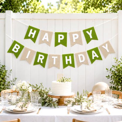 G2PLUS Sage Green and Brown Happy Birthday Bunting Felt: Pre-Strung Birthday Banner for Boys, Men, Adults and Kids Birthday Party Decoration