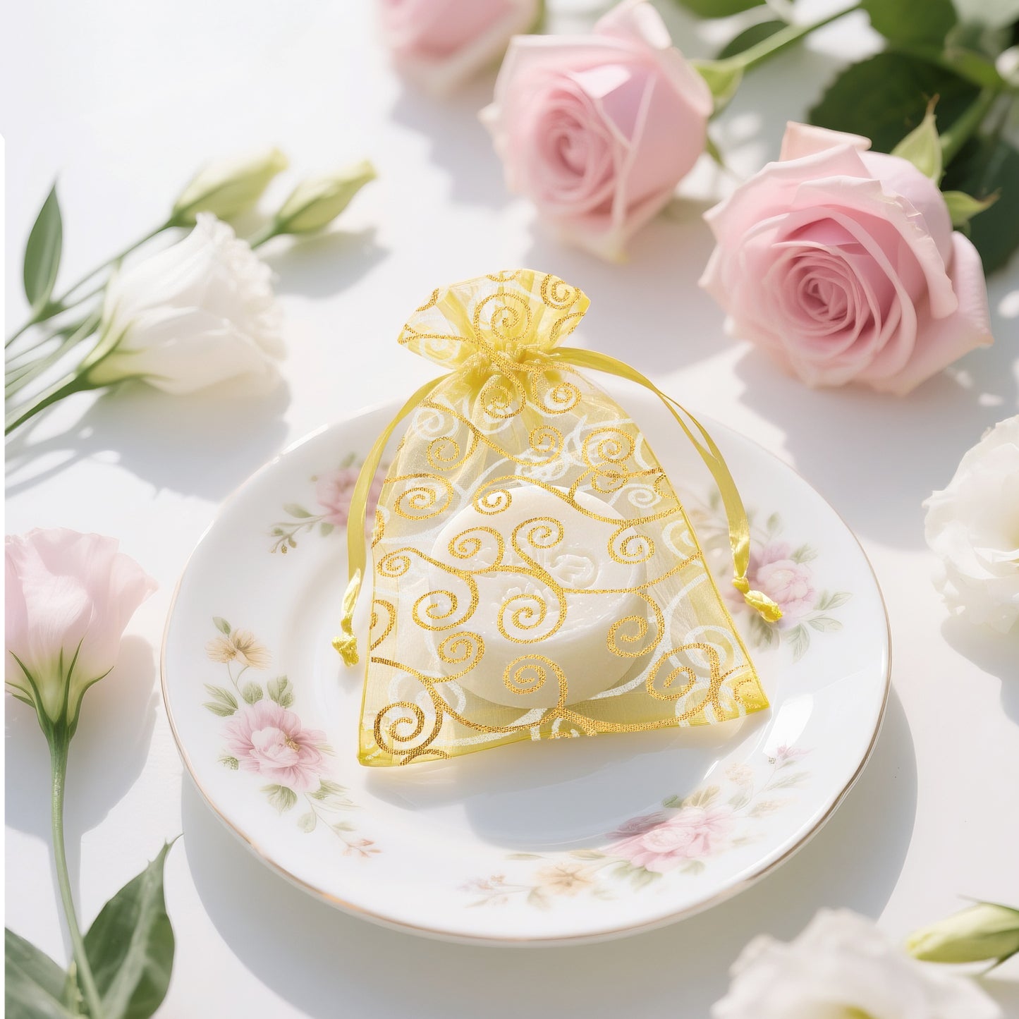 G2PLUS Organza Gift Bags 4x6 Inches - 50Pcs Sheer Mesh Organza Bags with Gold Rattan Printed, Drawstring Tulle Jewelry Pouches for Wedding, Christmas Party Favors