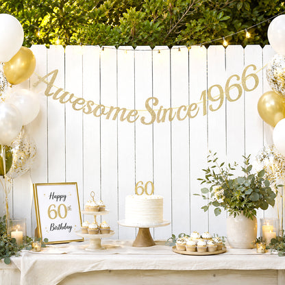 G2PLUS Pre-Strung 60th Birthday Banner, Glitter 60th Birthday Decorations Champagne Gold Happy 60th Birthday Banner, 3m Awesome Since 1966 Banner, 60th Birthday Party Decorations