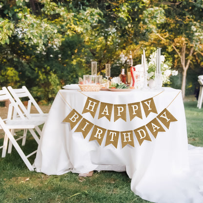 G2PLUS Happy Birthday Banners Burlap, Pre-Strung Happy Birthday Banner Sign, Rustic Happy Birthday Garland Bunting for Party Decorations, Reusable Hanging Backdrop for Cake Table