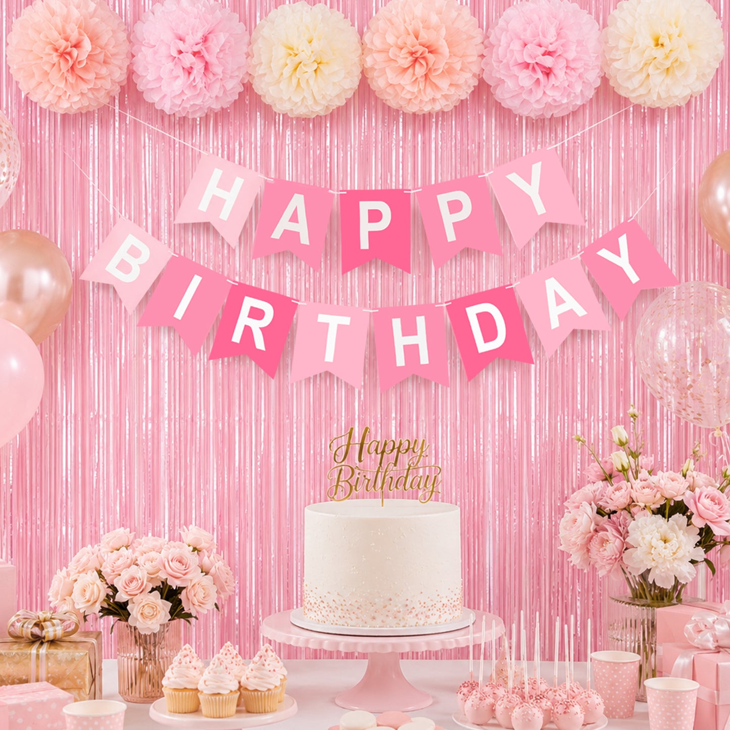 G2PLUS Pink Birthday Decorations Set, Birthday Party Backdrop Decorations