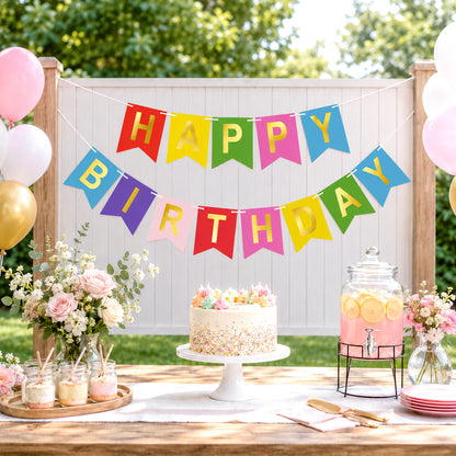G2PLUS Pre-Strung Happy Birthday Banner Gold Corlorful: 16 x 20 cm Large No-DIY Birthday Banner for Kid's Birthday Party Decorations
