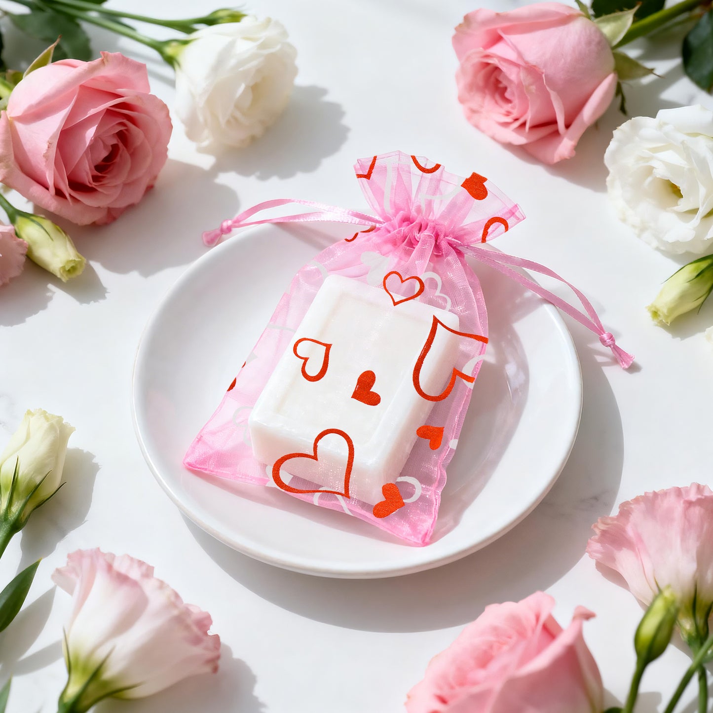 G2PLUS 50PCS Valentines Gift Bags Organza 4x6in, Pink Foil Heart Sheer Mesh Organza Pouches with Drawstring for Valentines Day Party Favors, Candy Gift Bags & Wedding Favors