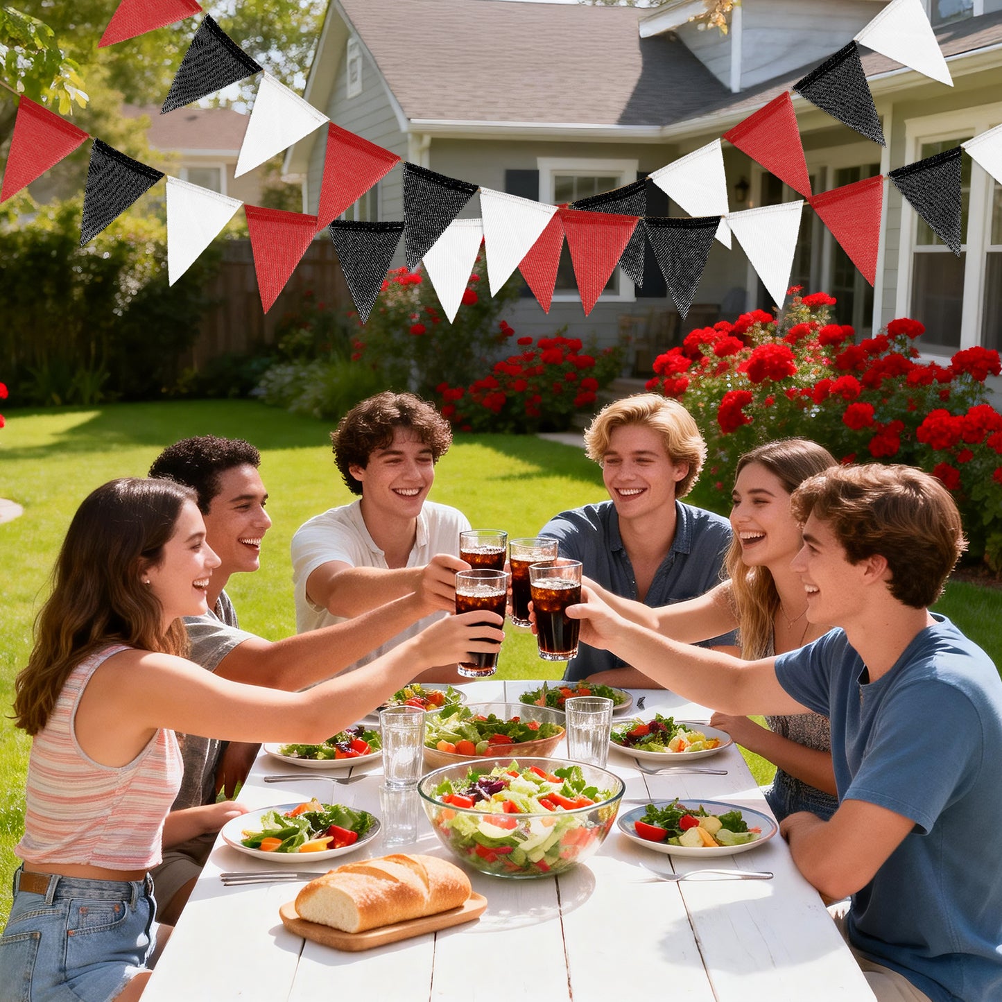 G2PLUS Pre-Strung Burlap Pennant Banner, 39Ft Black Red White Triangle Flag Bunting, Waterproof Reusable Pennant Banner Bunting Garland for Graduation Party, Sports Theme, Indoor Outdoor Decorations