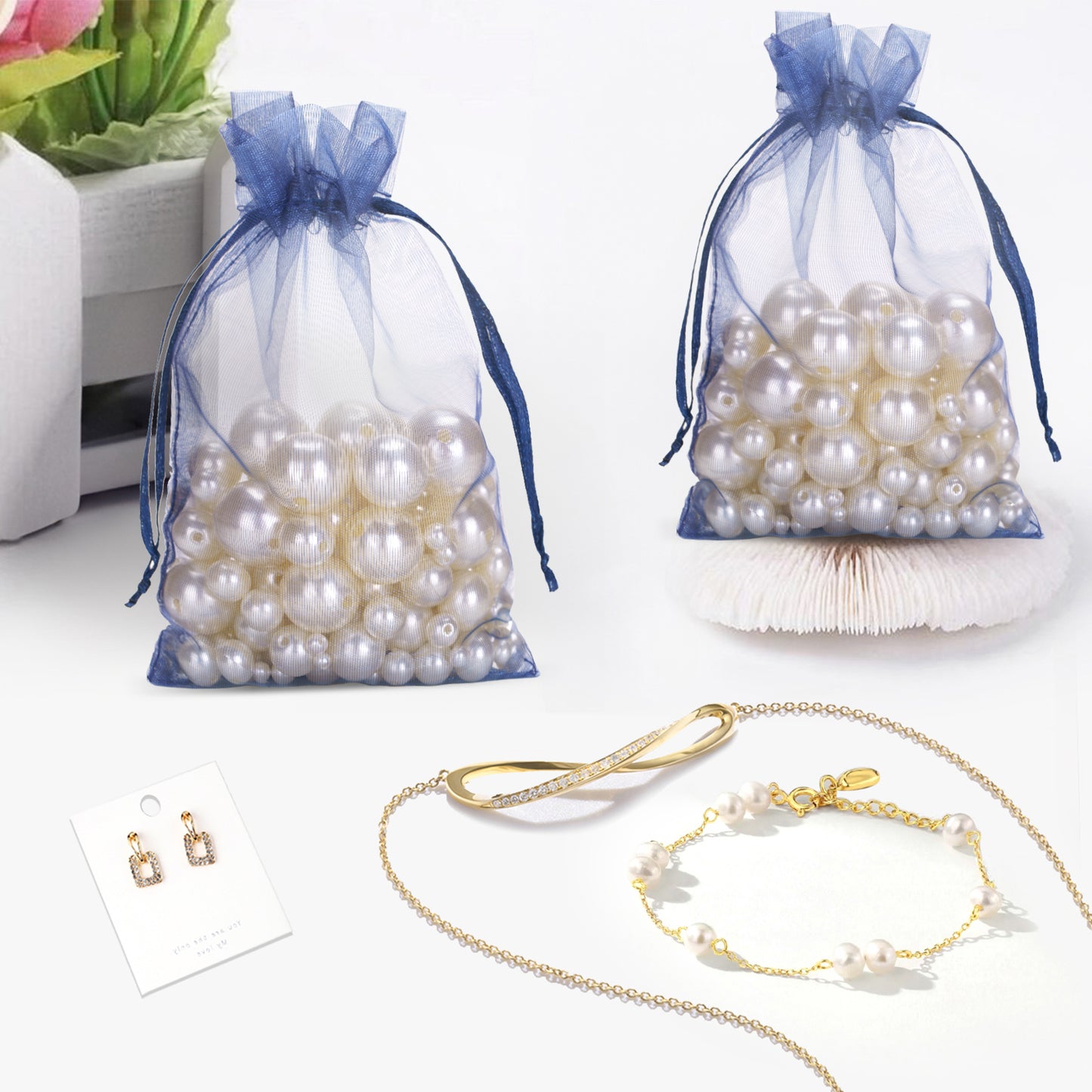G2PLUS 100PCS Drawstring Organza Bags - Navy Blue Organza Bags 4x6 in Sheer Mesh Jewelry Pouches Candy Gift Wrap Pouch for Christmas, Wedding, Graduation Party Favors