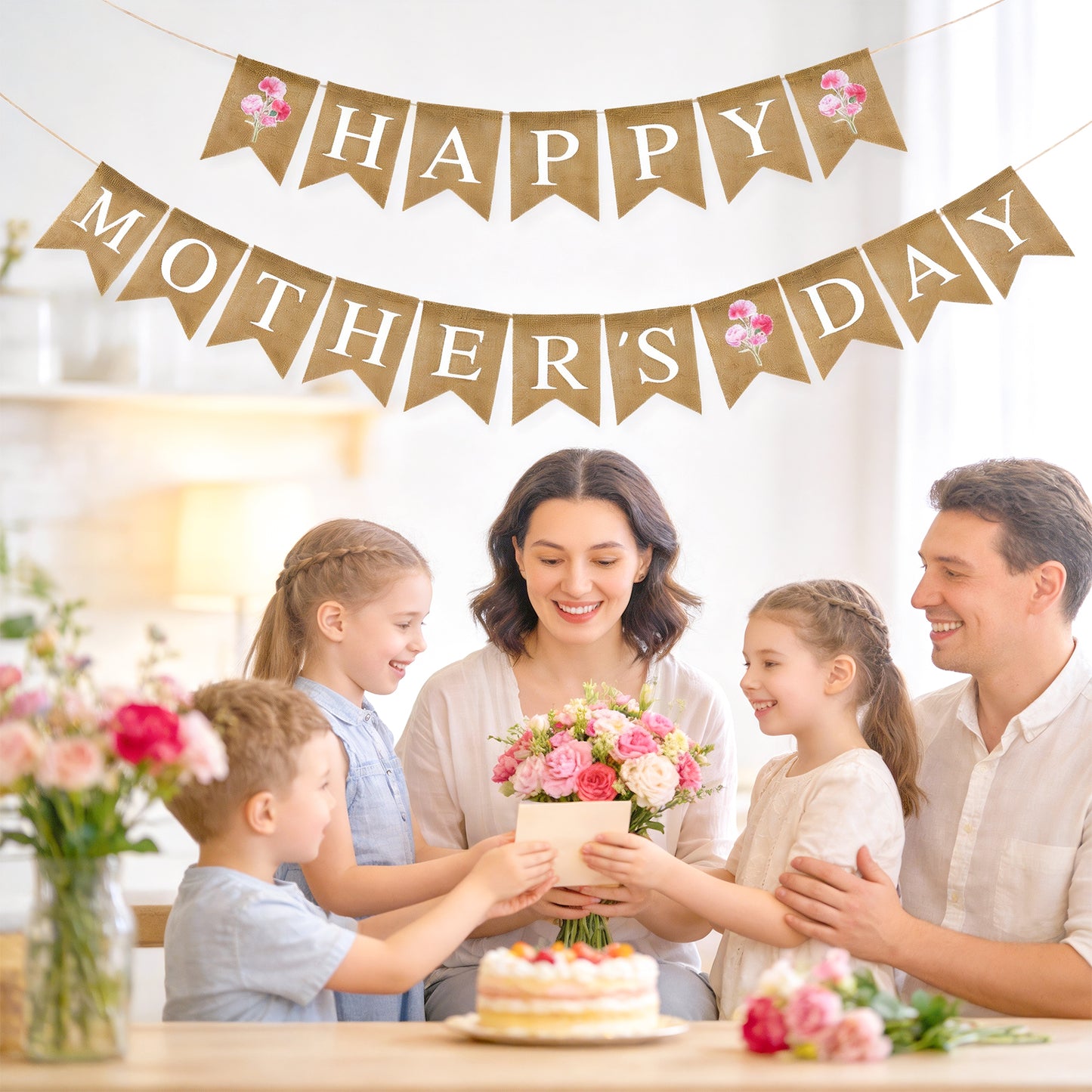 G2PLUS Happy Mother's Day Banner, Pre-strung Mothers Day Decorations Burlap Banner Garland with Carnation, Rustic Mothers Day Party Bunting Decor for Home Wall Photo Backdrop Indoor Outdoor