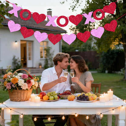 G2PLUS Valentines Day Banner, Glitter Red Pink Heart Party Banner, Pre-strung XOXO Paper Bunting Flag Garlands for Valentine’s Day, Anniversary, Wedding, Home Decoration & Photo Backdrop