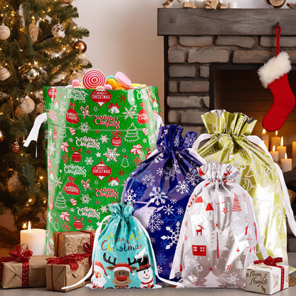 G2PLUS 20PCS Christmas Drawstring Gift Bags Assorted Sizes, Goodie Bags with Ribbon, 8 Designs Aluminum Foil Christmas Bags, Present Wrapping Bags for Packages, Holidays, and Birthday Party