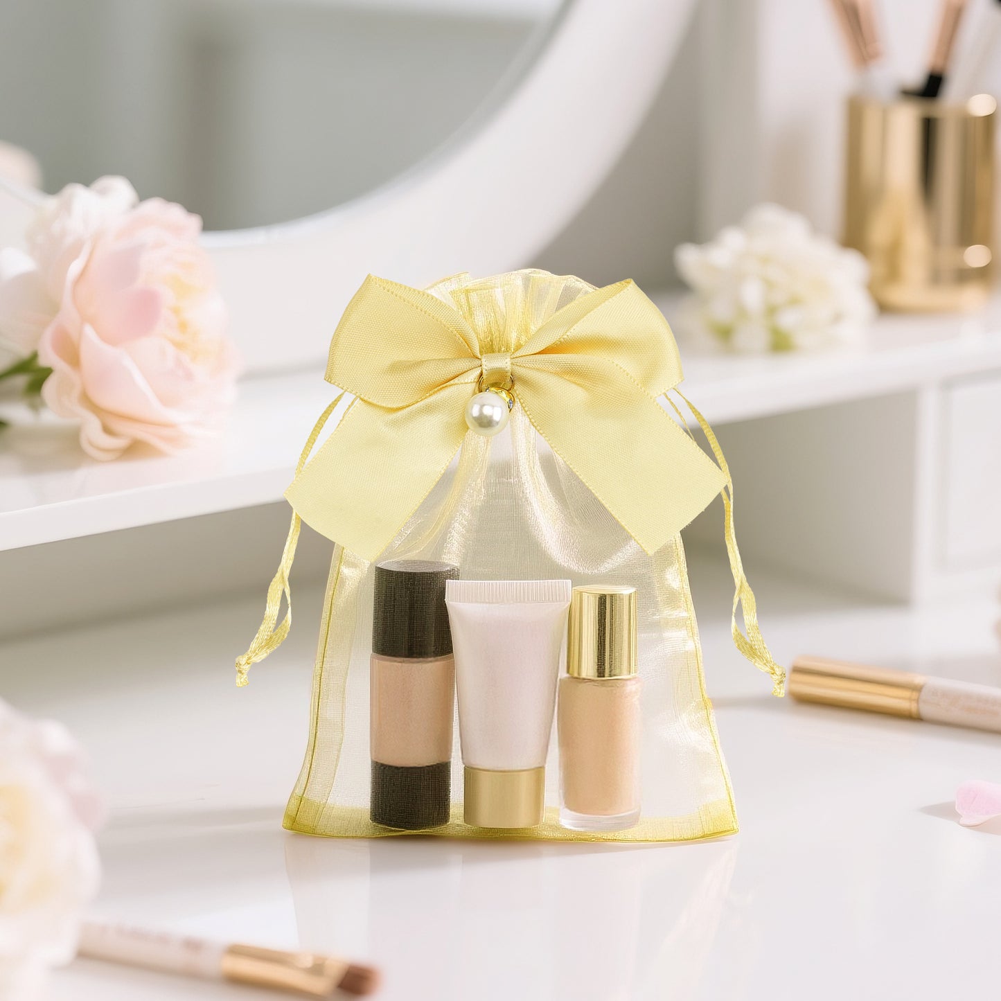 G2PLUS 30Pcs Organza Bags with Bow-4x6 In Gold Wedding Favor Bags, Sheer Mesh Jewelry Pouches with Drawstring for Bridal Shower, Baby Shower, Valentine's Day Party Favors