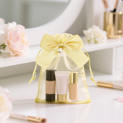 G2PLUS 30Pcs Organza Bags with Bow-4x6 In Gold Wedding Favor Bags, Sheer Mesh Jewelry Pouches with Drawstring for Bridal Shower, Baby Shower, Valentine's Day Party Favors