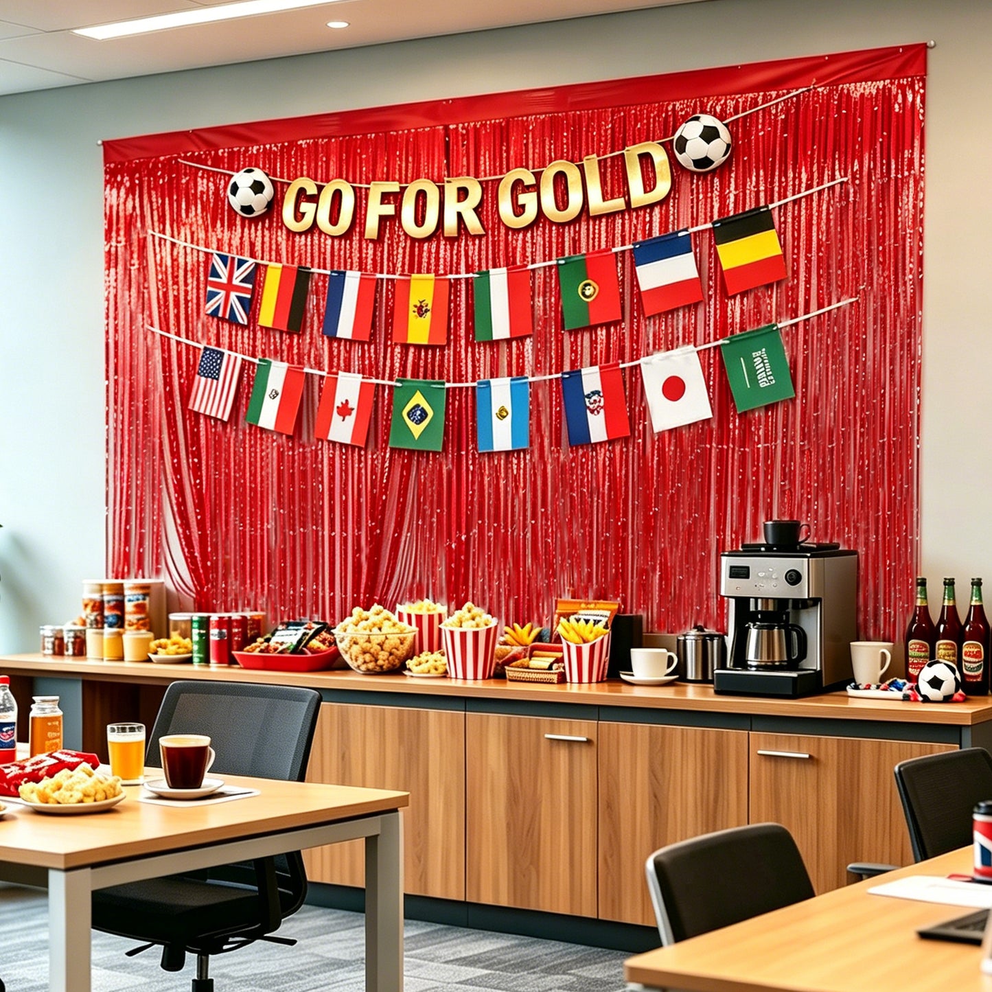 G2PLUS Party Decorations Set for World Cup Football 2026: Pre-strung Go For Gold Banner, 2PCS Flag Bunting with 2PCS Red Tinsel Fringe Curtains for Home, Bar and Garden Viewing Parties