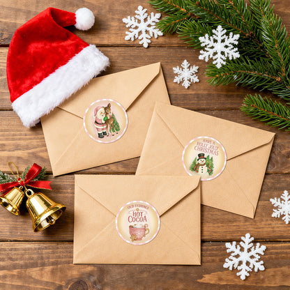 G2PLUS 120Pcs Merry Christmas Stickers - 2'' Round Self-Adhesive Waterproof Holiday Stickers, 6 Designs Pink Buffalo Plaid Xmas Labels for Envelope Seals, Gift Wrapping, Candy Bags, Cards