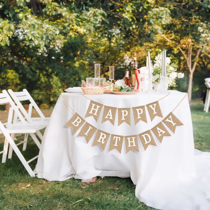 G2PLUS Happy Birthday Banners, Pre-Strung Burlap Happy Birthday Banner Sign, Rustic Happy Birthday Garland Bunting for Party Decorations, Reusable Hanging Backdrop for Cake Table