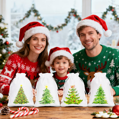 G2PLUS 24Pcs Christmas Drawstring Burlap Gift Bags - 5X7 In Christmas Advent Calendar Bags, 4 Design Xmas Tree Burlap Bag, White Treat Goody Bag for Xmas Holiday Party Favors