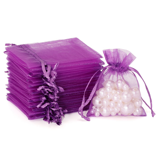 G2PLUS Purple Organza Gift Pouches, 7x9 CM Small Organza Favour Bags, 100 PCS Wedding Jewelry Bags, Clear Mesh Pouches Perfect for Wedding, Christmas, Birthday, Anniversary