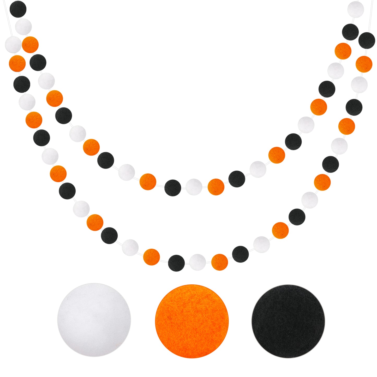 G2PLUS 2PCS Colored Felt Ball Garland, Pom Pom Garland with 60 Balls for Halloween, Orange Black and White Nursery Decor Garland, Felt Ball Garlands for Bedroom Classroom Halloween Party Decoration