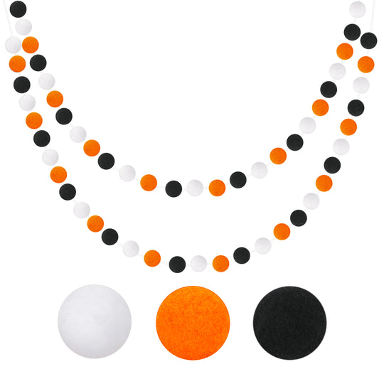 G2PLUS 2PCS Colored Felt Ball Garland, Pom Pom Garland with 60 Balls for Halloween, Orange Black and White Nursery Decor Garland, Felt Ball Garlands for Bedroom Classroom Halloween Party Decoration