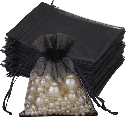 G2PLUS Black Organza Gift Pouches - 7x9 CM Small Organza Favor Bags, 50 PCS Wedding Jewelry Bags - Clear Mesh Pouches for Wedding, Christmas, Birthday, Anniversary