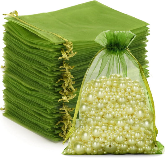 G2PLUS Sage Green Organza Gift Pouches - 13x18 CM Medium Organza Favor Bags, 50 PCS Wedding Jewelry Bags - Clear Mesh Pouches for Wedding, Christmas, Birthday, Anniversary