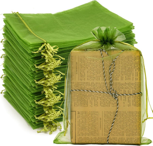 G2PLUS Sage Green Organza Gift Pouches,17x23CM Large Organza Favour Bags, 50 PCS Wedding Jewelry Bags, Clear Mesh Pouches for Wedding, Christmas, Birthday, Anniversary