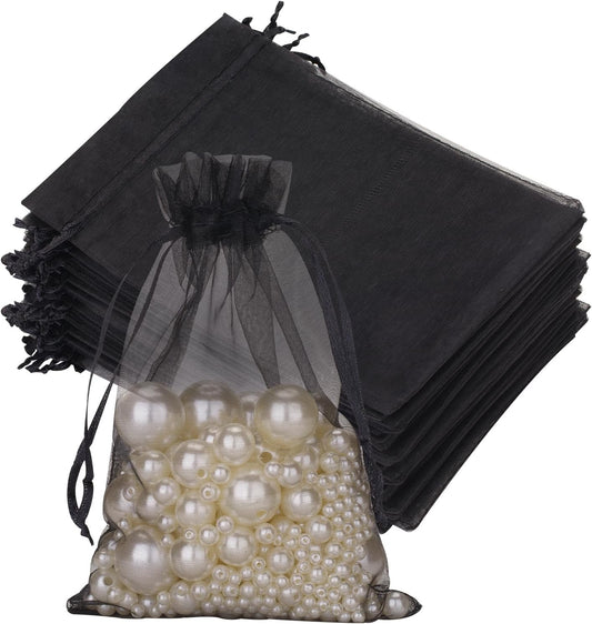 G2PLUS Black Organza Gift Pouches - 13x18 CM Medium Organza Favor Bags, 50 PCS Wedding Jewelry Bags - Clear Mesh Pouches for Wedding, Christmas, Birthday, Anniversary