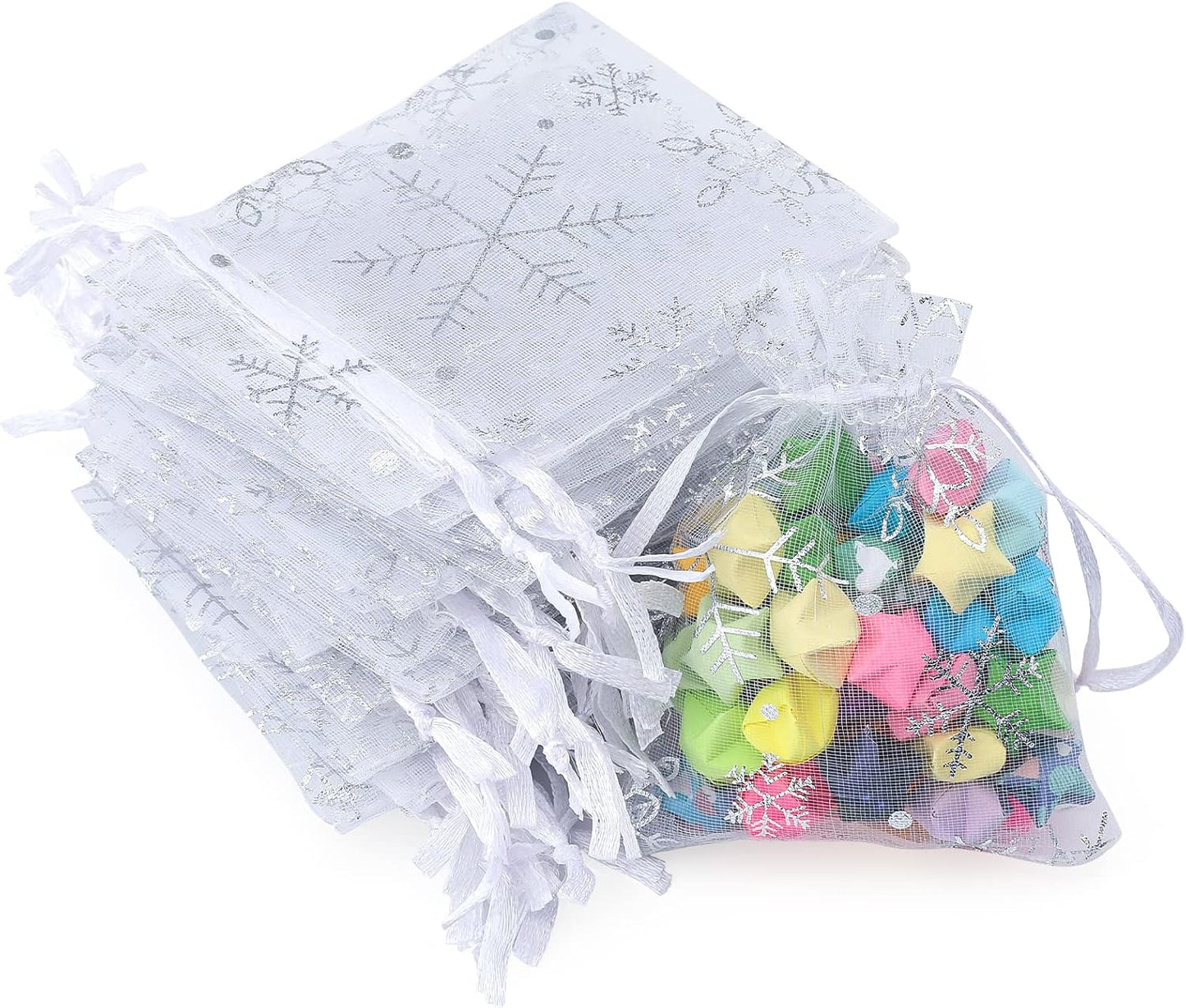 G2PLUS White Christmas Organza Bags, 7x9CM Snowflake Organza Bags, Small Christmas Favour Bags for Presents, 100PCS Xmas Snowflake Gift Pouches for Reindeer Food, Christmas, Advent Calendars