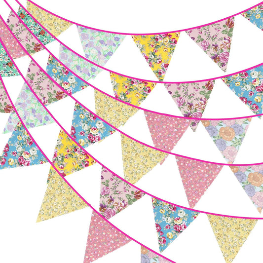 G2PLUS 12M Floral Fabric Bunting, 19x21CM Garden Bunting, Large Reusable Cotton Banners with 42PCS Flower Pennants for Garden, Afternoon Tea, Spring Decorations