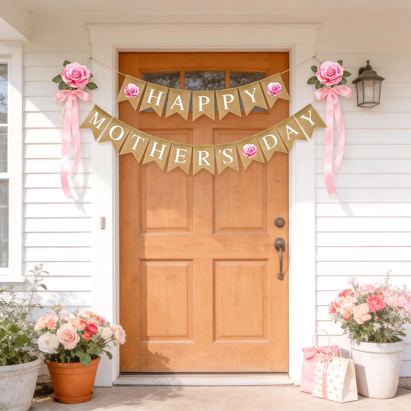 G2PLUS Happy Mother's Day Banner, Pre-strung Mothers Day Decorations Burlap Banner Garland with Pink Rose, Rustic Mothers Day Party Bunting Decor for Home Wall Photo Backdrop Indoor Outdoor