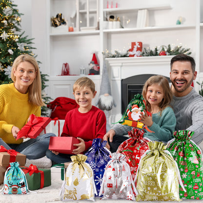 G2PLUS 20PCS Christmas Drawstring Gift Bags Assorted Sizes, Goodie Bags with Ribbon, 8 Designs Aluminum Foil Christmas Bags, Present Wrapping Bags for Packages, Holidays, and Birthday Party