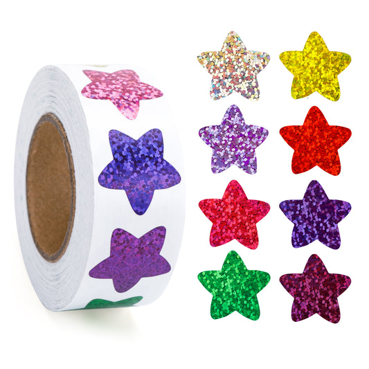 G2PLUS 500Pcs Self Adhesive Shiny Reward Stickers - 2.5CM Waterproof Holographic Star Stickers - Colorful Sparkly Stickers in 8 Colors - Children Reward Stickers for Crafts and Activities