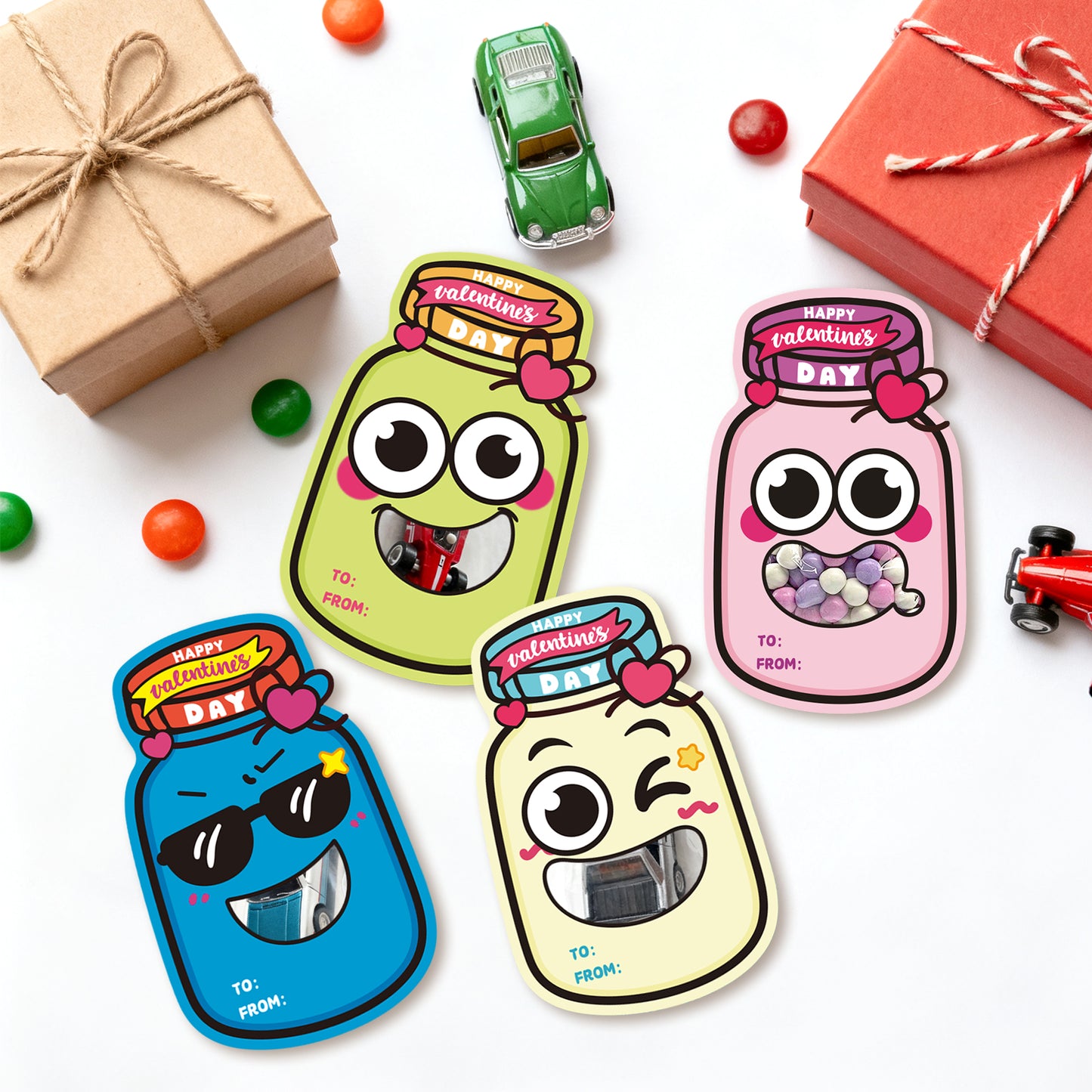 G2PLUS 48 Pack Valentines Day Cards for Kids, 8 Styles Happy Valentine’s Day Mason Jar Cards with Treat Bags for Classroom Valentines Exchange, School Gift Exchange & Party Favors