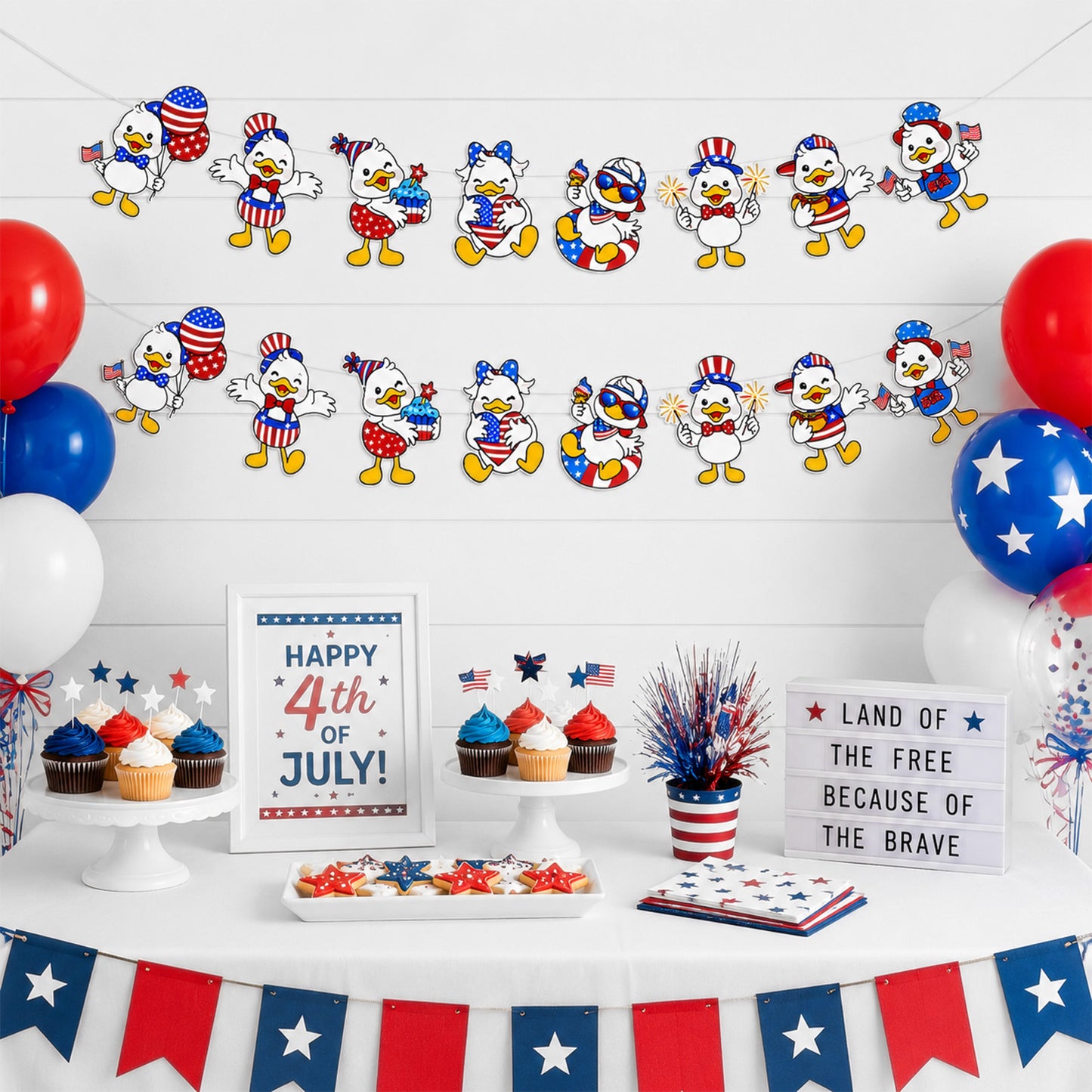 G2PLUS American Flag Garland 19.6Ft, Pre-Strung Patriotic Duck Banner, Red White Blue Paper Banner for 4th of July, Independence Day, Memorial Day, Baby Shower, USA Theme Party Decorations