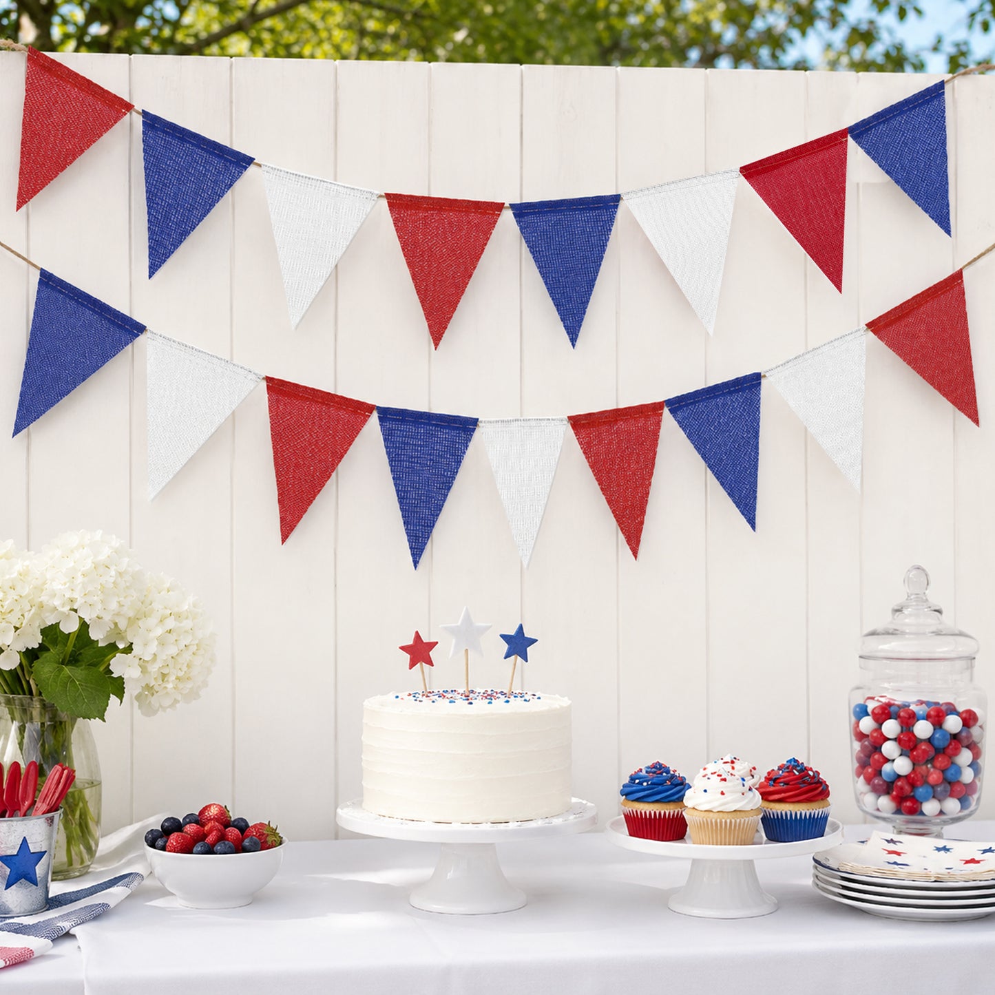 G2PLUS 39Ft Red White Blue Triangle Flag Bunting, 36Pcs Pre-Strung Burlap Pennant Banner, Patriotic Party Decorations for 4th of July, Independence, Memorial Day, Graduations, Labor Day, Graduation