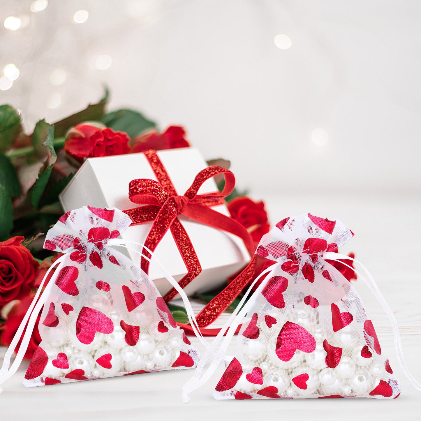 G2PLUS Heart Organza Bags, 3''x4'' Organza Gift Bags, 50PCS Drawstring Sheer Organza Gift Bags, Organza Mesh Jewelry Pouches, Candy Bags for Easter, Mother's Day, Wedding Party Favors (White Red)