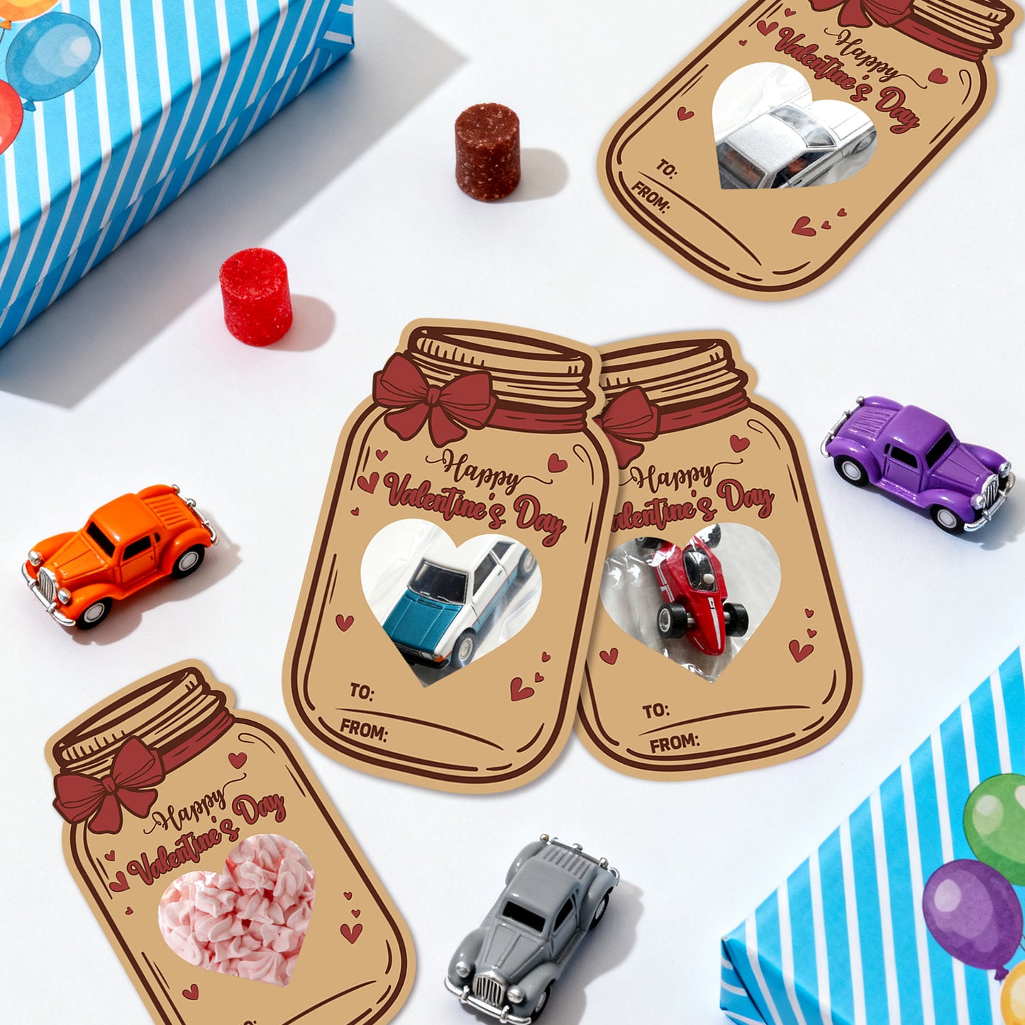 G2PLUS Valentines Day Cards, 50Pack Happy Valentine’s Day Mason Jar Cards with Treat Bags, Heart Cutout Blank Card for Classroom Valentines, Kids Exchange Cards & Valentine Party Favors