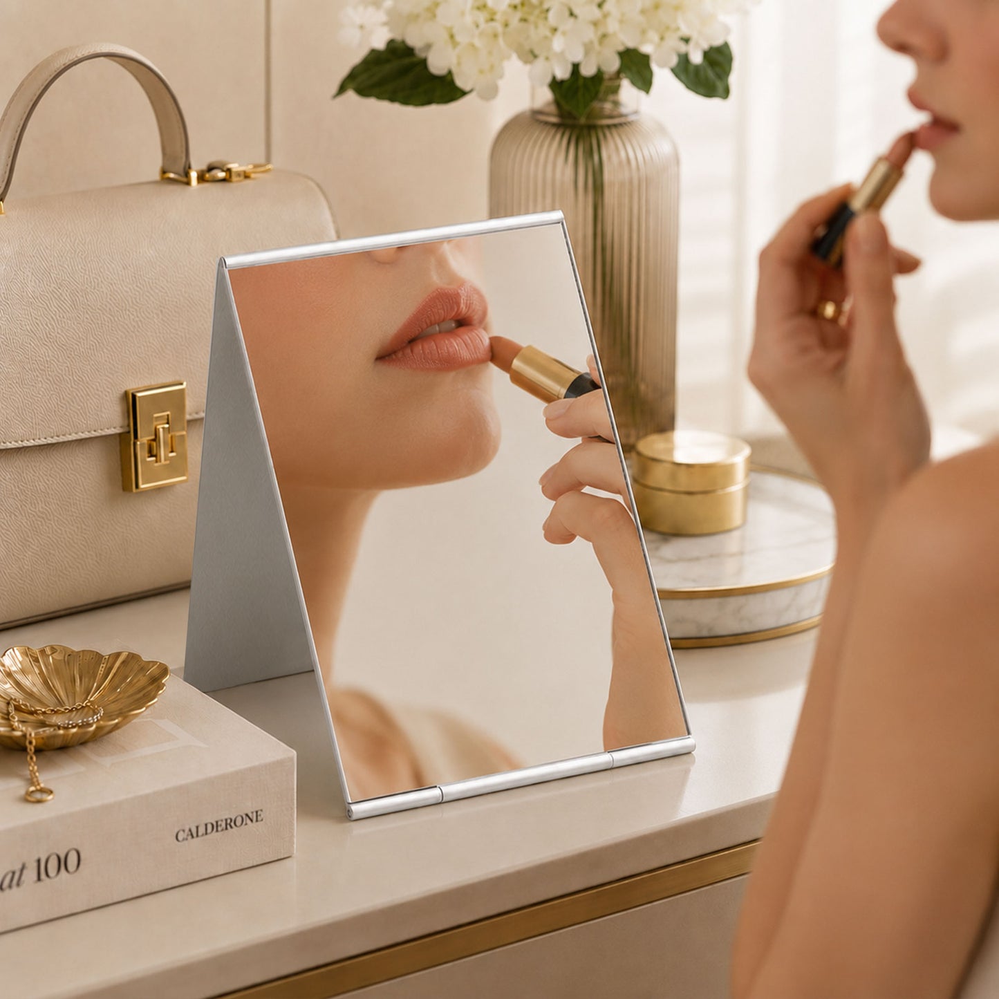 G2PLUS Portable Folding Vanity Mirror, Ultra-Slim Aluminum Shell Travel Mirror, 4x3.9 Inch Small Mirror for Travel, Bathroom, Makeup, Beauty, Grooming