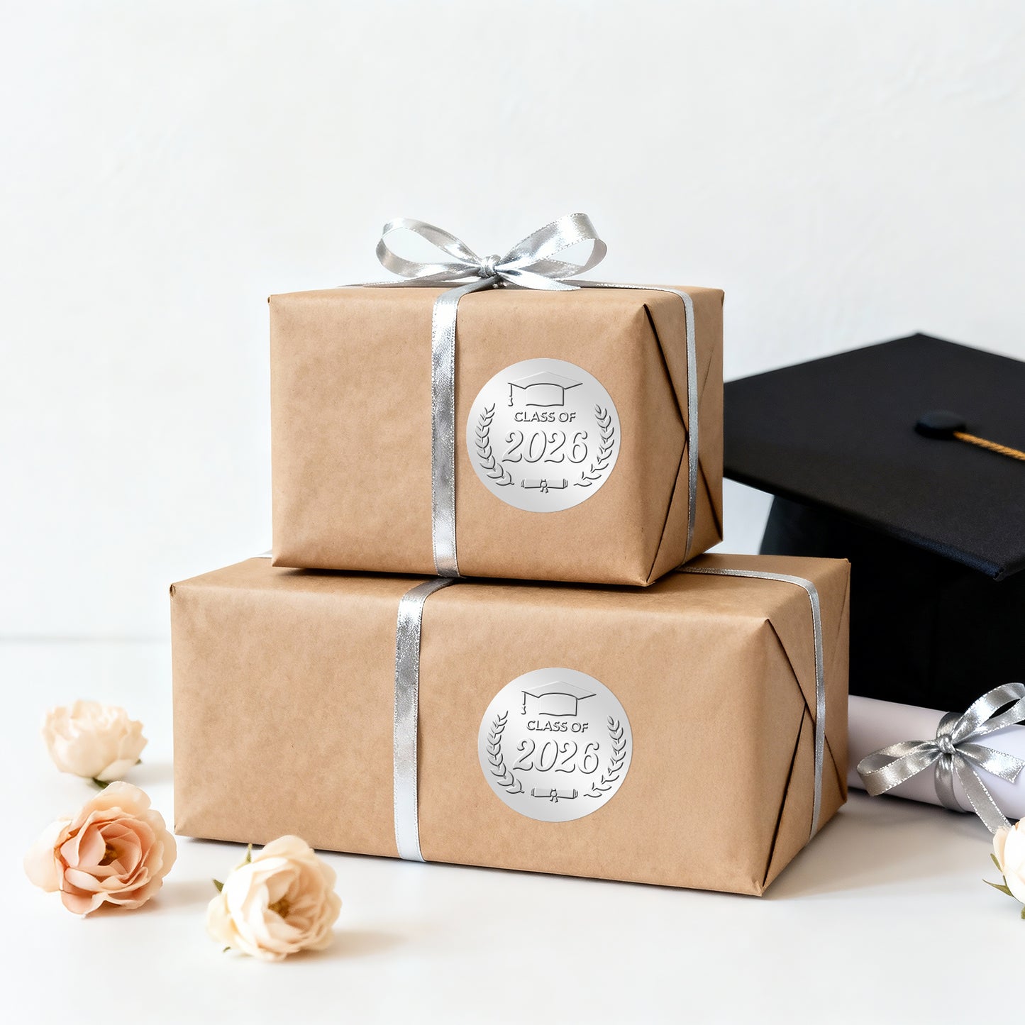 G2PLUS 100Pcs Class of 2026 Stickers - Silver Foil Embossed Graduation Stickers 2 Inch Graduation Cap Envelope Seal Labels for Diplomas Certificates Gradutes Awards Invitation Party Favors