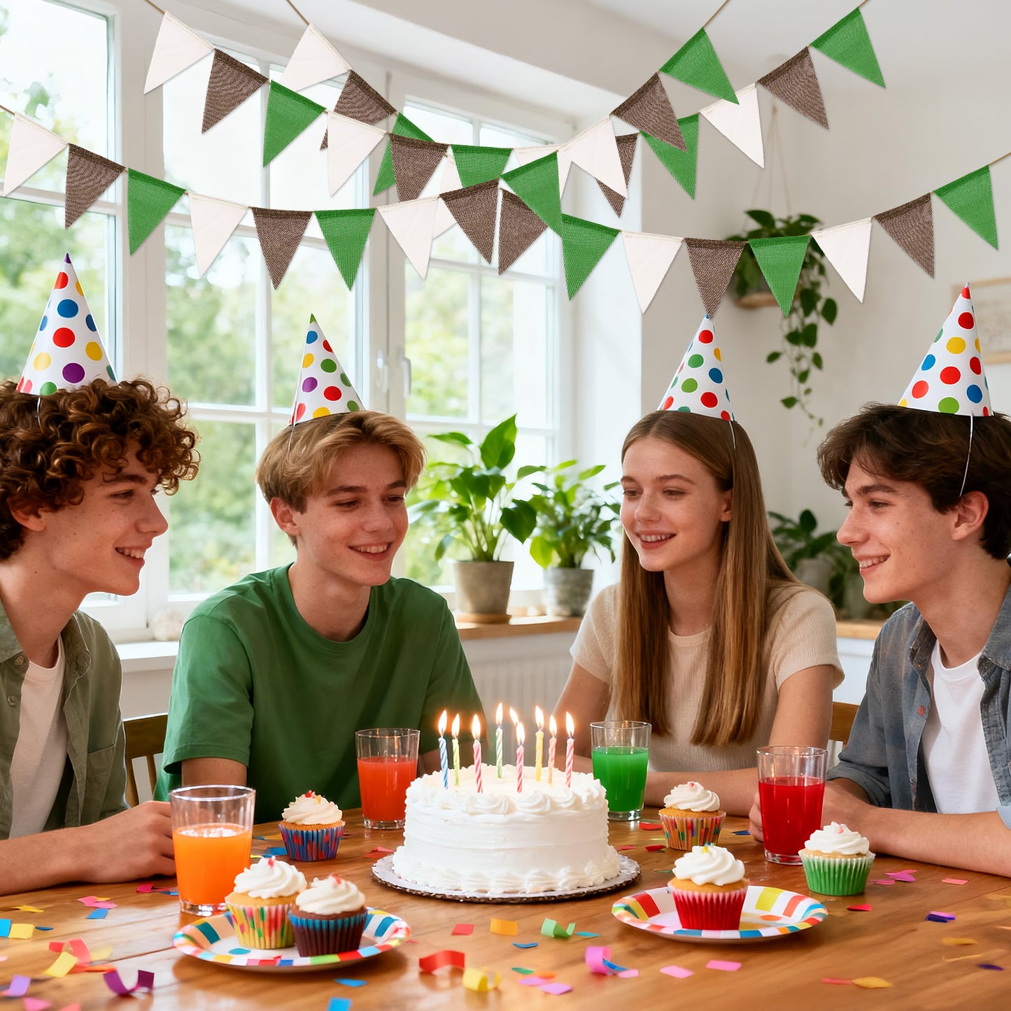 G2PLUS Pre-Strung Burlap Pennant Banners, 39Ft Green White Brown Fabric Triangle Flag Bunting, 36Pcs Pennant Banner Flags Garland for Football Game Day, Outdoor Parties, Camping & Backyard Decorations