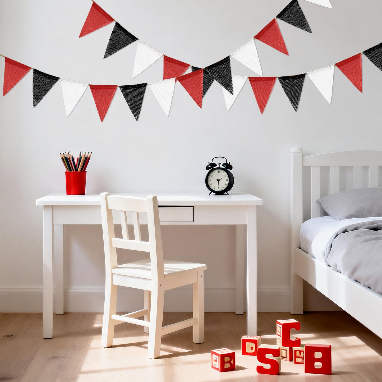 G2PLUS Pre-Strung Burlap Pennant Banner, 39Ft Black Red White Triangle Flag Bunting, Waterproof Reusable Pennant Banner Bunting Garland for Graduation Party, Sports Theme, Indoor Outdoor Decorations