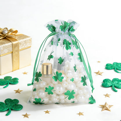 G2PLUS 50PCS St.Patrick's Day Gift Bags Organza 4x6in, Green Foil Shamrock Sheer Mesh Organza Pouches with Drawstring for St.Patrick's Day Party Favors, Candy Gift Bags & Wedding Favors