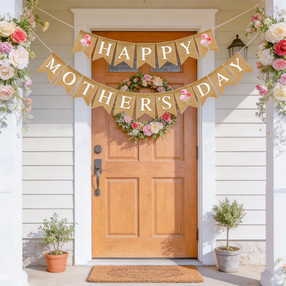 G2PLUS Happy Mother's Day Banner, Pre-strung Mothers Day Decorations Burlap Banner Garland with Carnation, Rustic Mothers Day Party Bunting Decor for Home Wall Photo Backdrop Indoor Outdoor