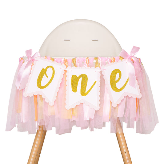 G2PLUS Pink ONE Highchair Banner,1st Birthday High Chair Ribbon Banner, Baby Girls One Birthday Banner, Dining Chair Banner for Baby Birthday Party,Photo Props,Baby Shower Decoration