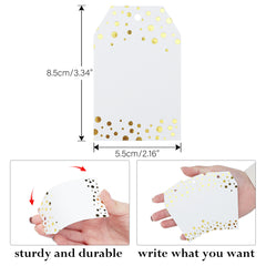 G2PLUS Foil Gold Dots Gift Tags,100Pcs White Paper HangTags with String,Personliazed Blank Tags for Wedding,Party,Gift Wrapping,Birthday,Baby Shower（3.34"×2.16")