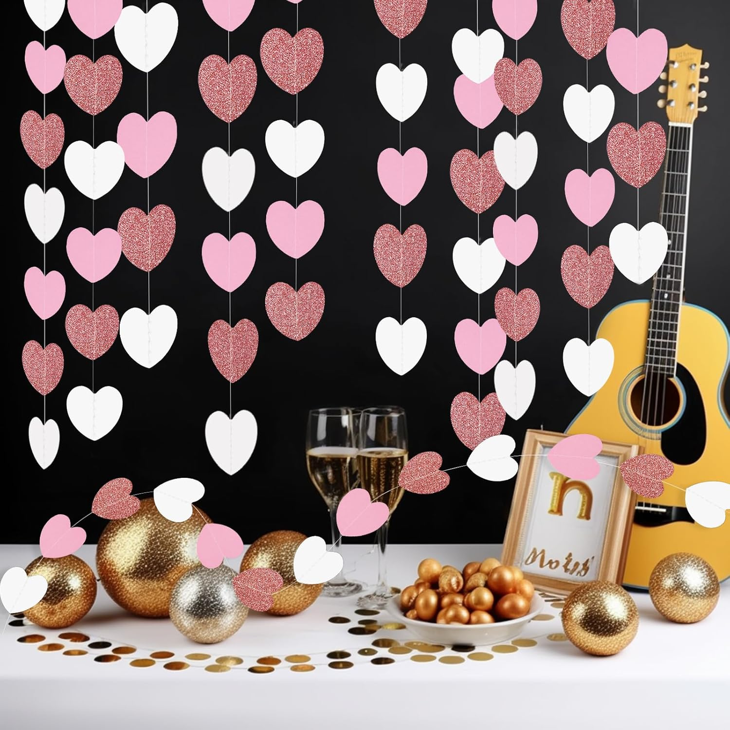 G2PLUS Glitter Paper Garland, Reflective Paper Garlands, Sparkling Hangings Streamer, Paper Garland Decoration for Birthday Wedding Graduation（Rose Gold White, 16m, Heart）